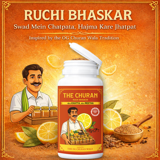 Promotional image of Ruchi Bhaskar The Churan with THE OG CHuran wala and lemon slices on an orange background.