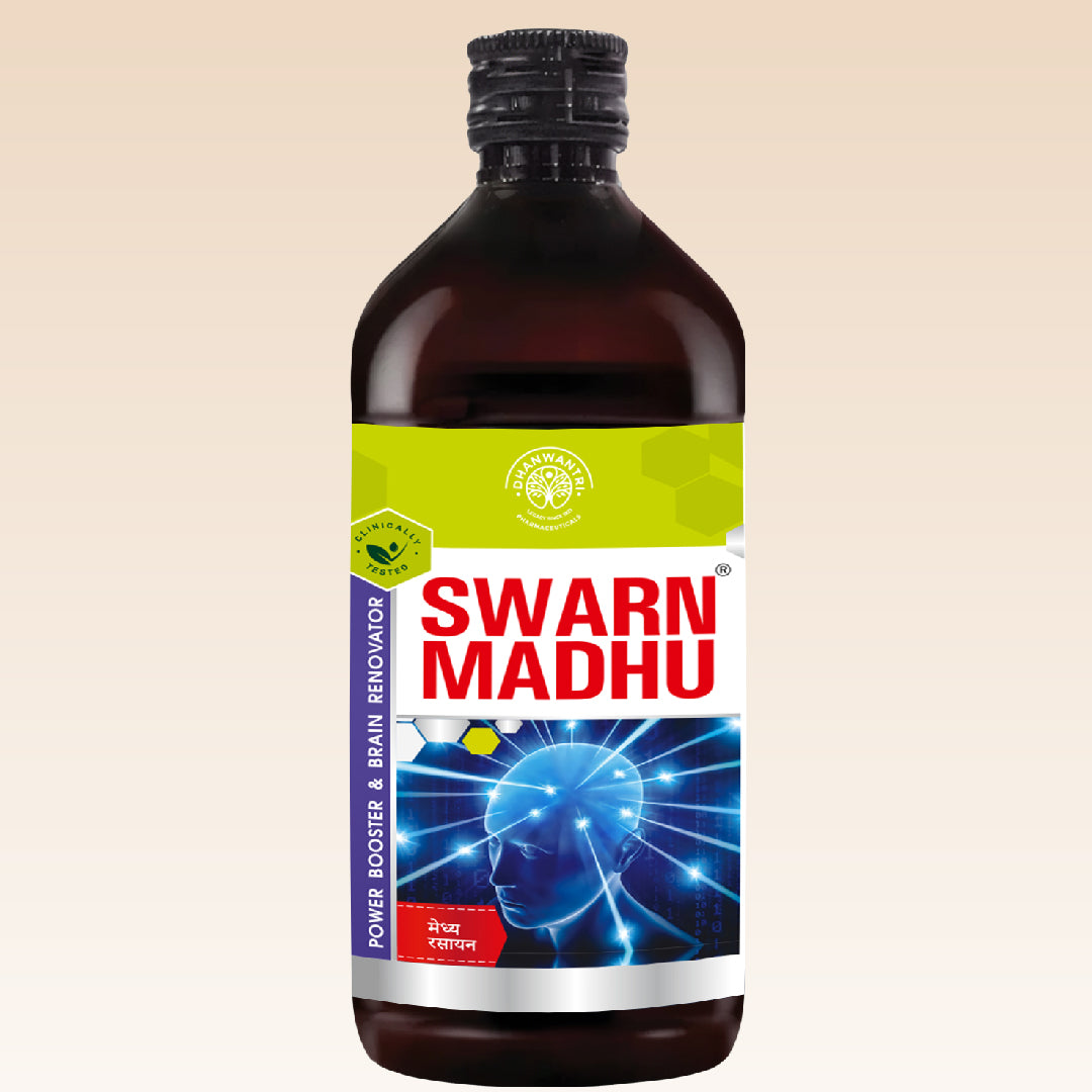 Bottle of Swarn Madhu with a colorful label on a beige background