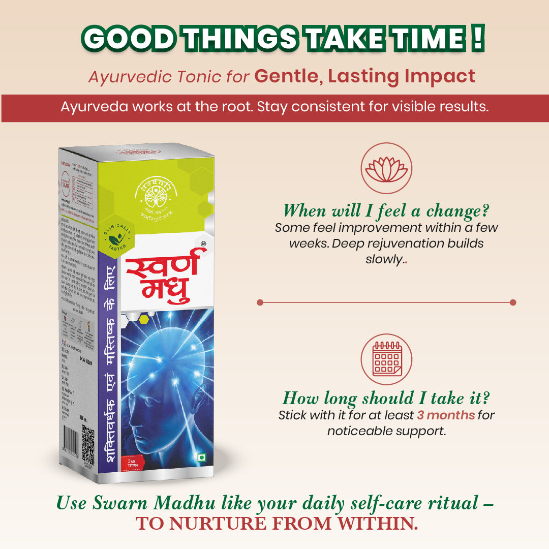 Ayurvedic tonic packaging with text about the benefits and usage of the product. for how long to use the product to see the change