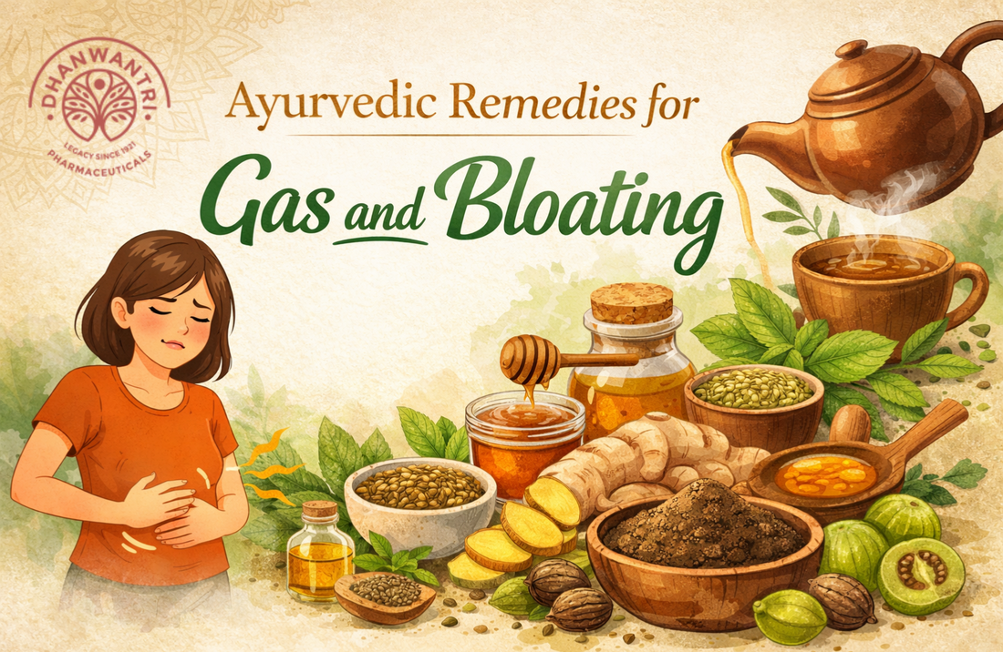 A flat-lay illustration of traditional Ayurvedic digestive remedies, including asafoetida (hing), carom seeds (ajwain), cumin seeds (jeera), and ginger, used to restore Agni (digestive fire) and relieve gas and bloating.