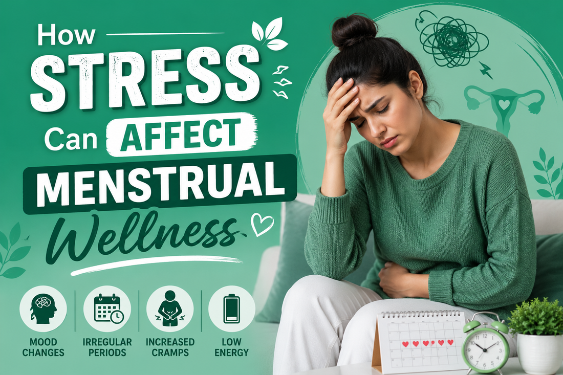 Woman experiencing stress and menstrual discomfort while sitting at home, illustrating the connection between stress and menstrual wellness.