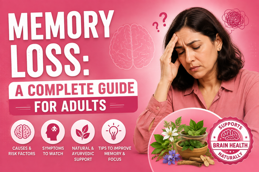 Working professional experiencing memory loss and brain fog with healthy brain illustration, Ayurvedic herbs like Brahmi and Shankhpushpi, and Swarn Madhu for natural brain wellness.