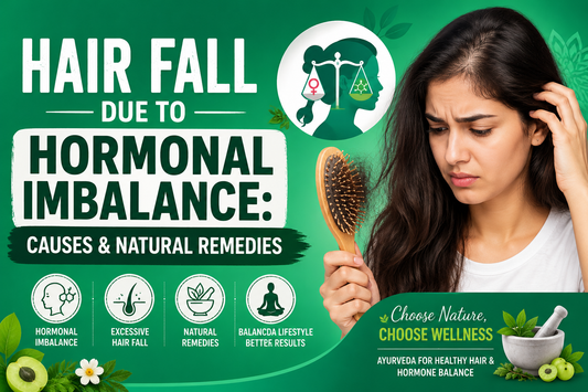 Woman experiencing hair fall due to hormonal imbalance while combing her hair, with healthy lifestyle foods and Ayurvedic wellness concept for working professionals