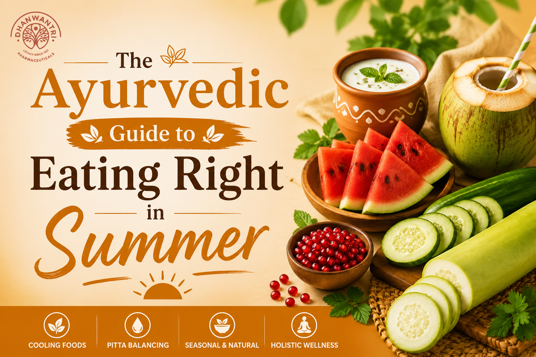 The Ayurvedic Guide to Eating Right in Summer featuring cooling foods like cucumber, coconut water, watermelon, pomegranate and a pitta pacifying diet for summer season in India