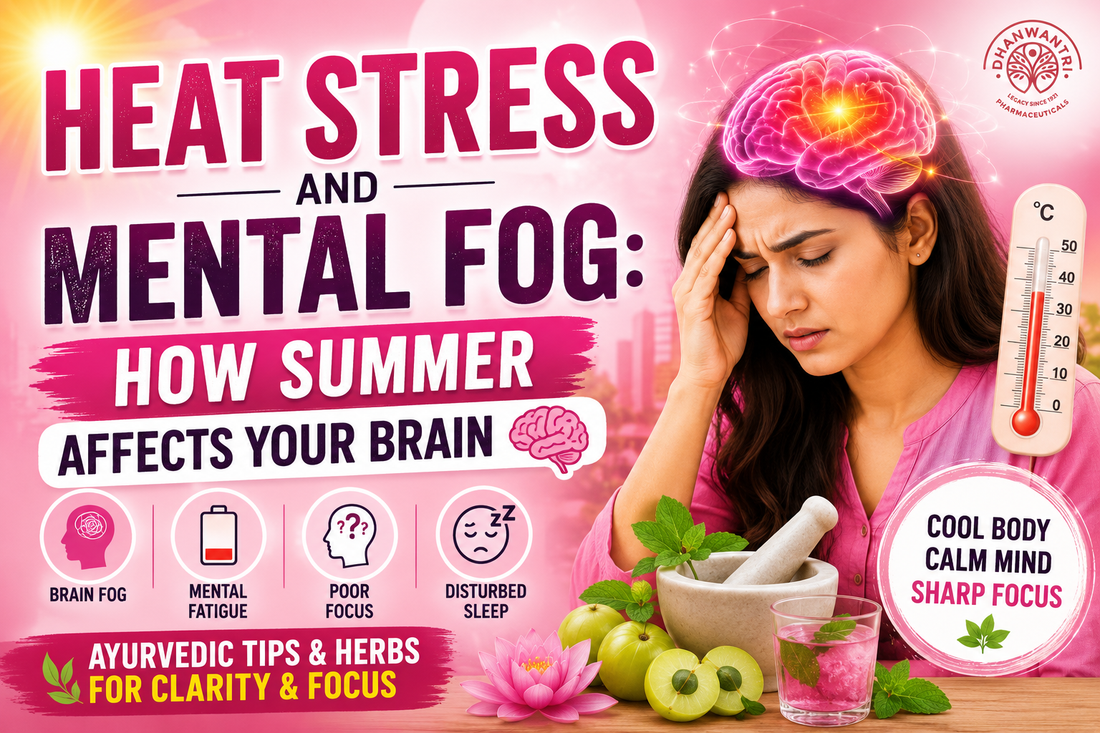 Summer heat effect on brain Ayurveda infographic showing brain fog, mental fatigue, poor focus, and Ayurvedic remedies for mental clarity.