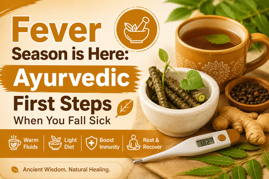 Ayurvedic remedy for fever India – warm herbal drink, Giloy stem, thermometer and Ayurvedic wellness support during fever season