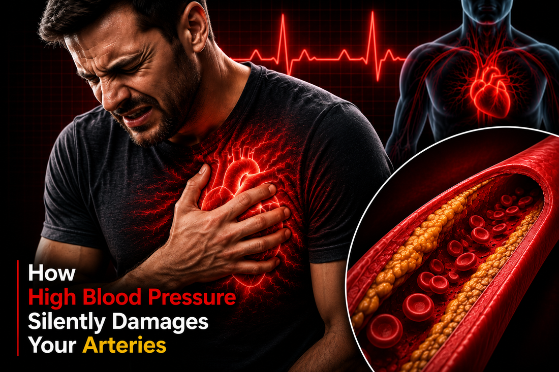Illustration showing how high blood pressure damages arteries and affects heart health with Ayurvedic support.