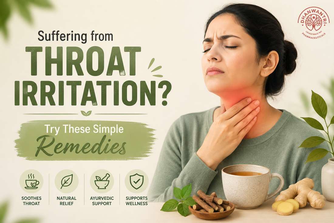 Person experiencing throat irritation with natural remedies and Ayurvedic throat wellness support.