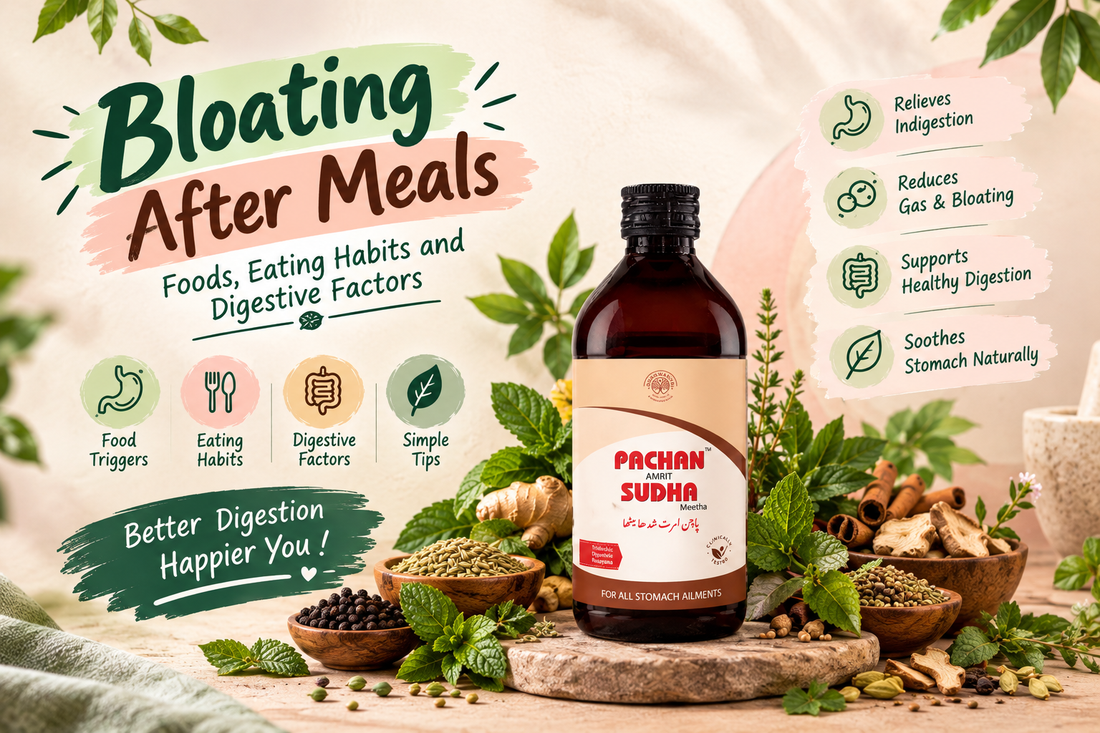 Illustration of abdominal bloating after meals with healthy foods and digestive health elements