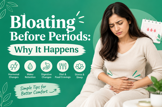 Woman experiencing bloating and abdominal discomfort before her period, representing menstrual health and women’s digestive wellness.