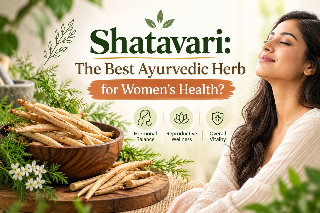 Shatavari Ayurvedic herb roots with a woman representing women’s health, hormonal balance, reproductive wellness, and overall vitality