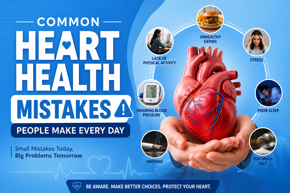 Common heart health mistakes people make every day, including unhealthy eating, lack of physical activity, stress, poor sleep, and ignoring blood pressure.