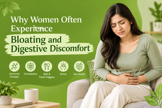 Woman experiencing bloating and digestive discomfort while sitting at home
