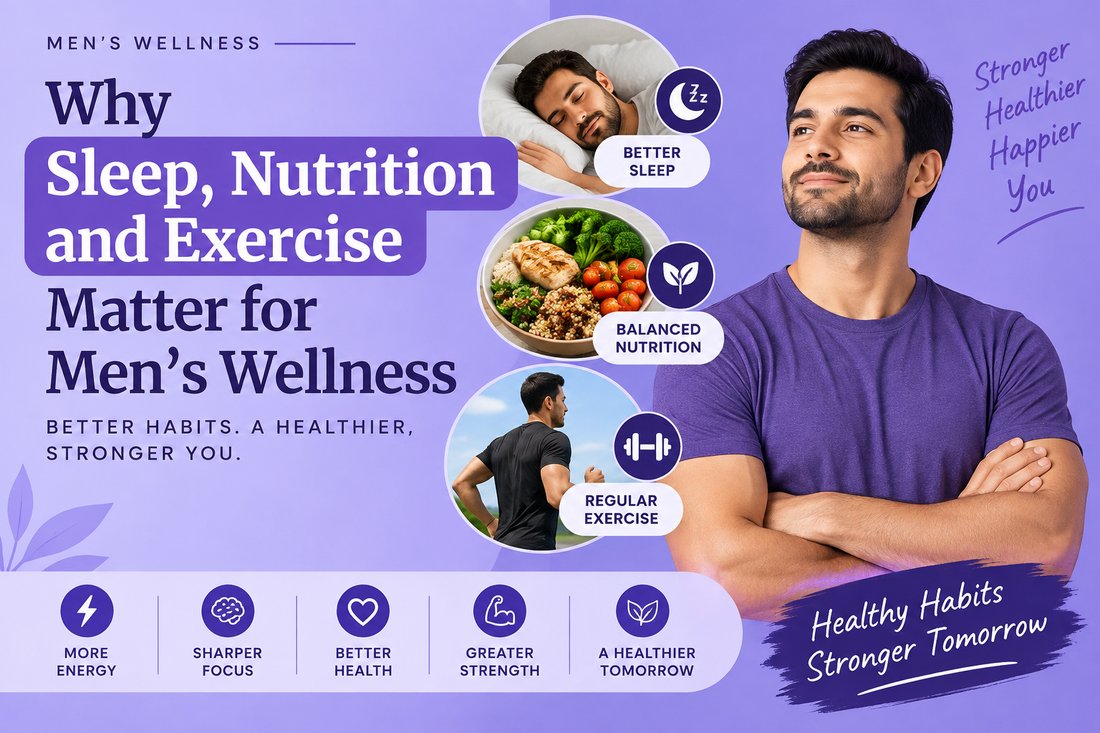 Men’s wellness supported by healthy sleep, balanced nutrition, and regular exercise