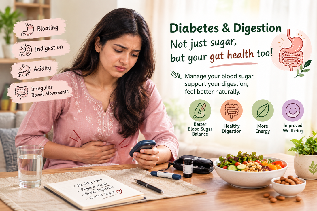 Adult following a balanced diet for digestive wellness while managing diabetes, with an Ayurvedic digestive tonic nearby.