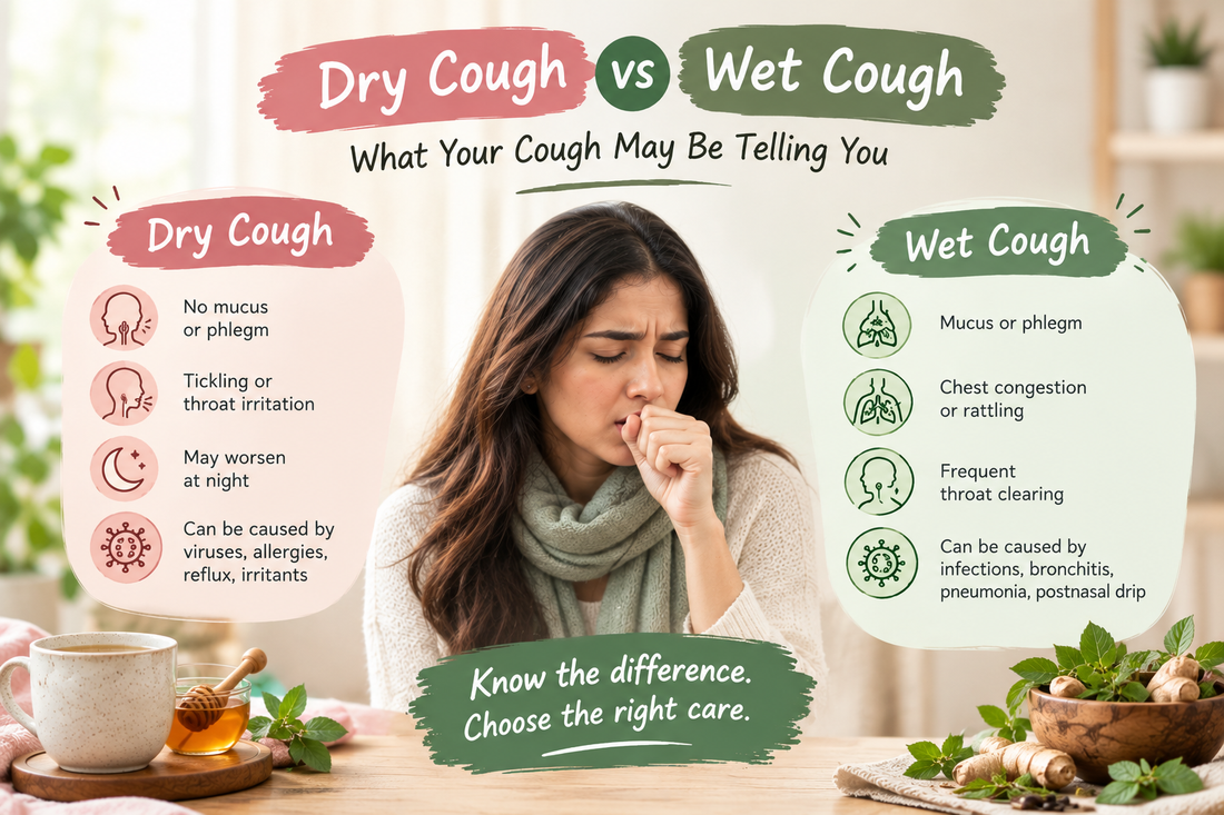 Comparison of dry cough and wet cough showing throat irritation, mucus production, common symptoms, and cough care.