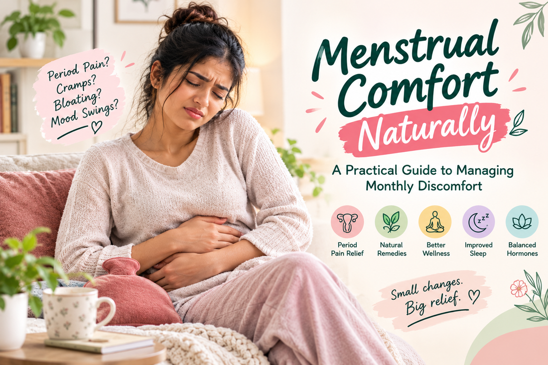 Woman practising gentle self-care for menstrual comfort with a warm heating pad