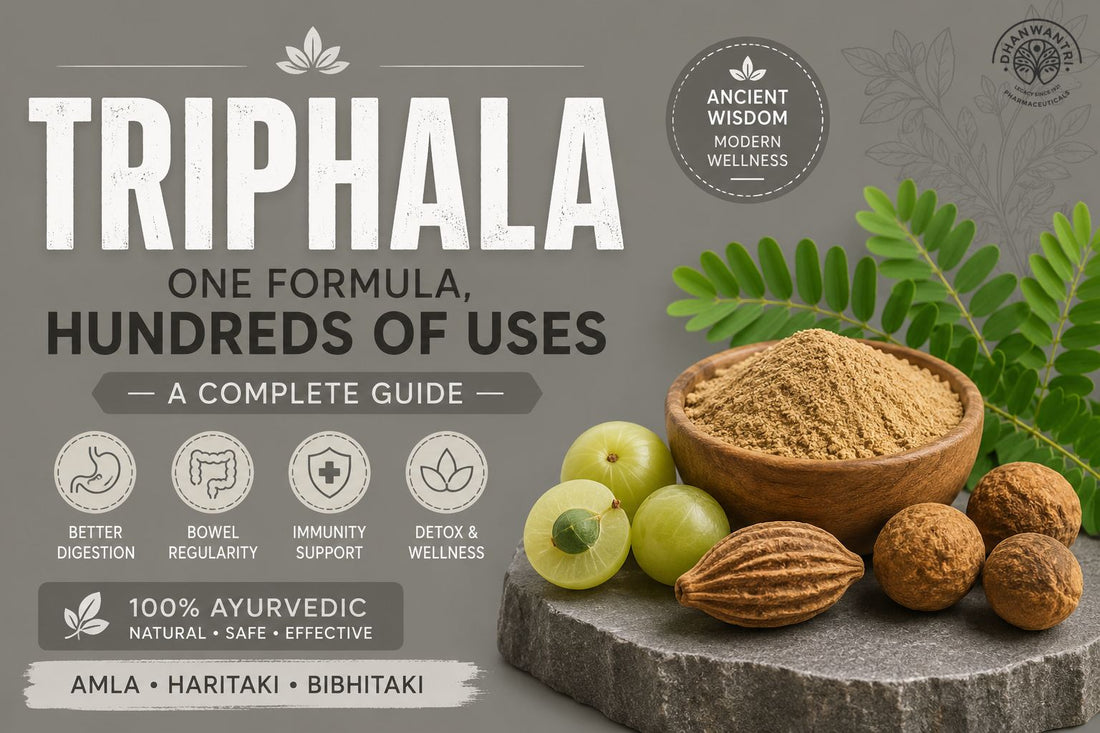 Triphala benefits and uses in Ayurveda – Triphala powder and tablets made with Amla, Haritaki, and Bibhitaki for digestion, constipation support, and daily wellness