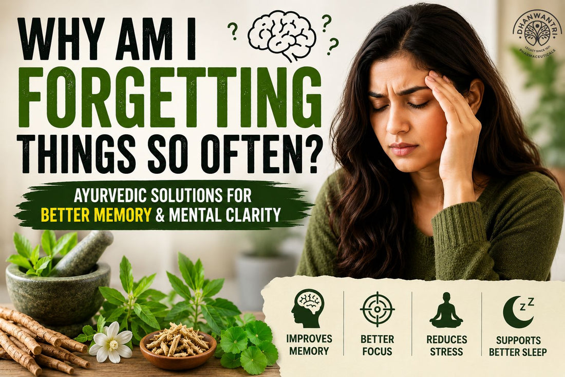 Woman experiencing forgetfulness with Ayurvedic herbs and natural memory support solutions for better focus and clarity.
