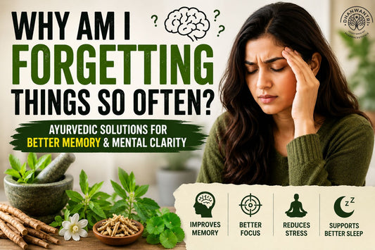 Woman experiencing forgetfulness with Ayurvedic herbs and natural memory support solutions for better focus and clarity.