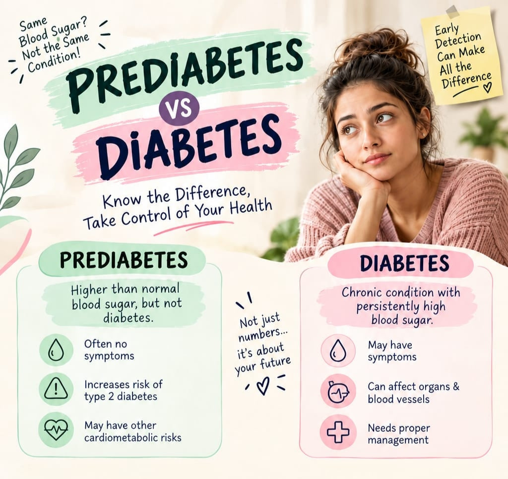 Prediabetes vs diabetes comparison showing blood sugar levels, symptoms and healthy lifestyle habits
