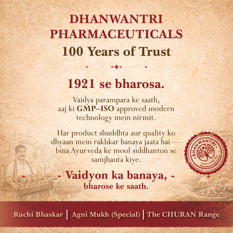 Dhanwantri Pharmaceuticals celebrating 100 years of trust with text and logo and GMP and ISO approved facility trusted manufacturing company Dhanwantri