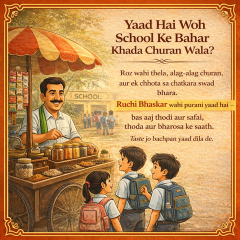 Illustration of a school scene with the OG  churan vendor and children, set against a school building.