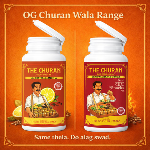Two bottles of both 'The Churan' with labels on an orange background