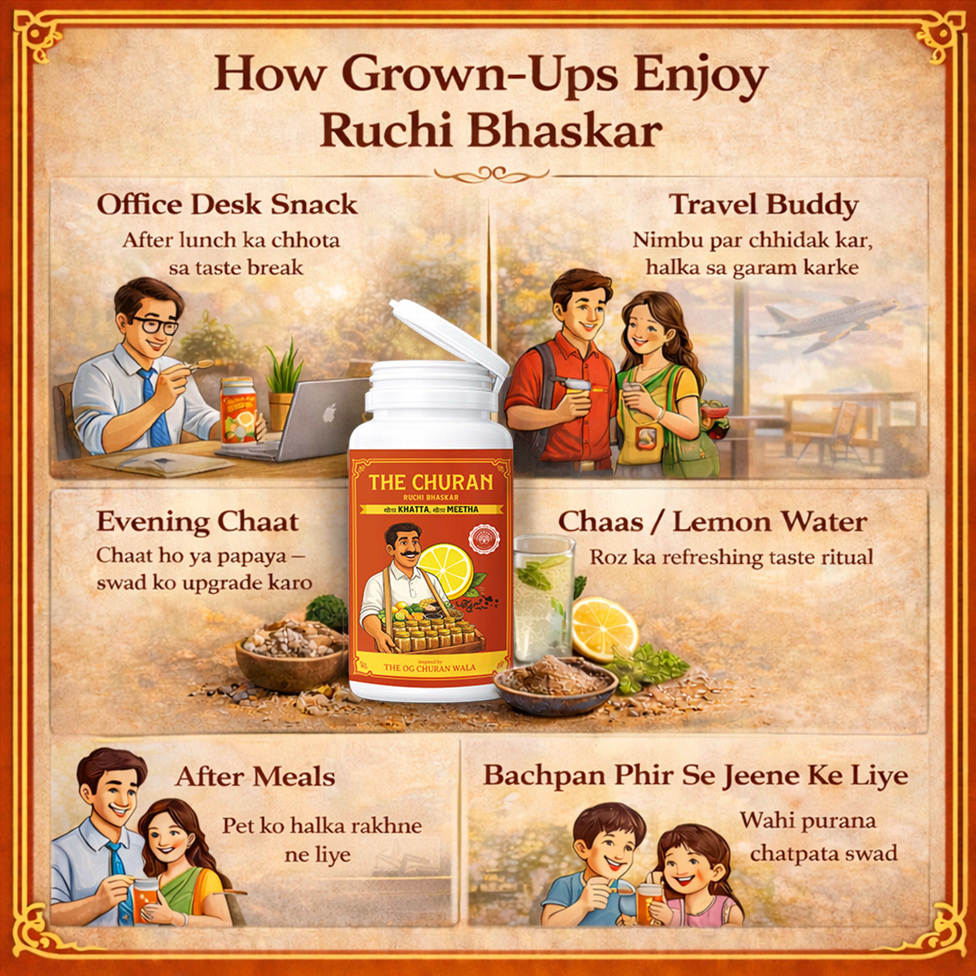 graphic for Ruchi Bhaskar Churan with lifestyle illustrations and how grown ups can use in nausea