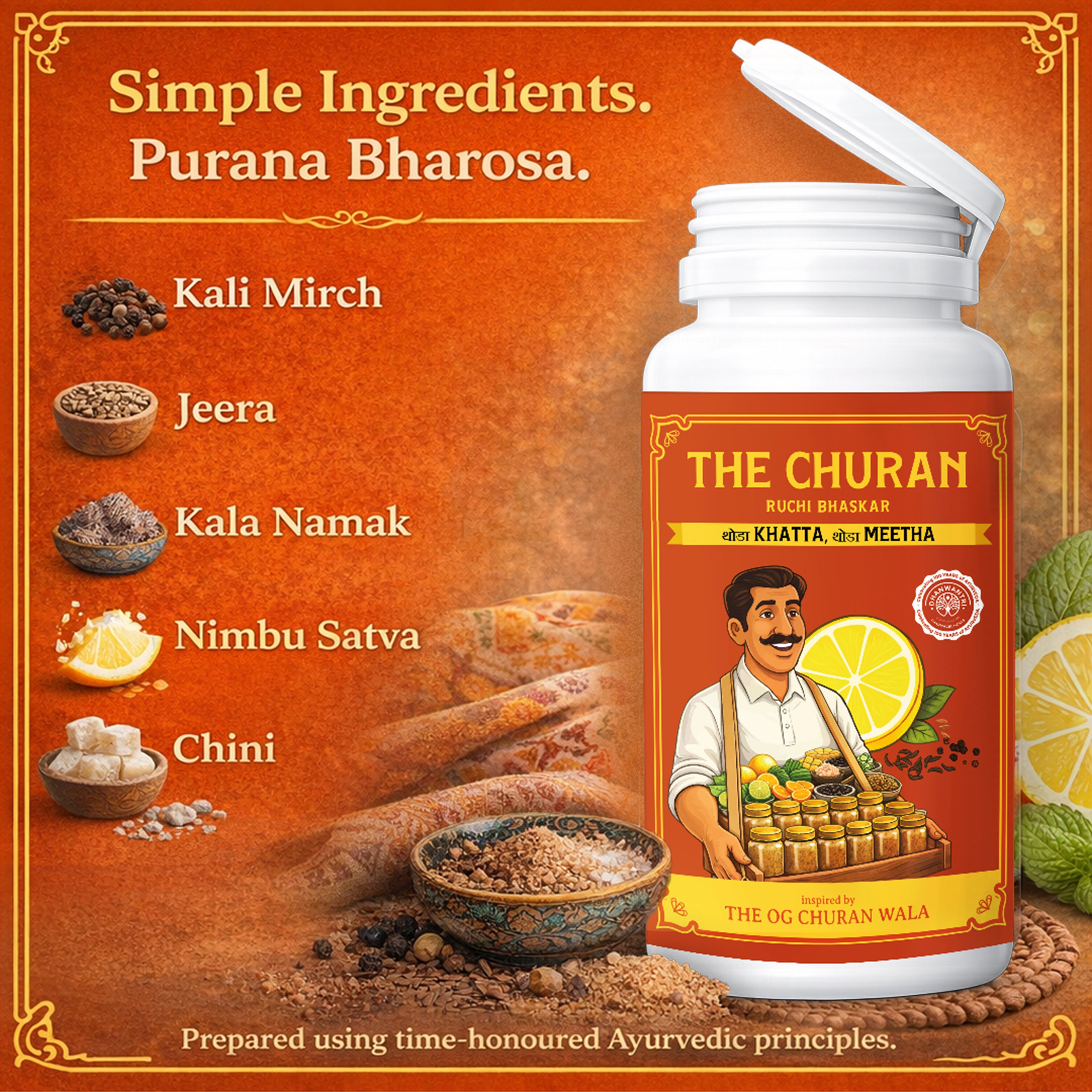 The Churan Ruchi bhaskar with ingredients and branding details on an orange background