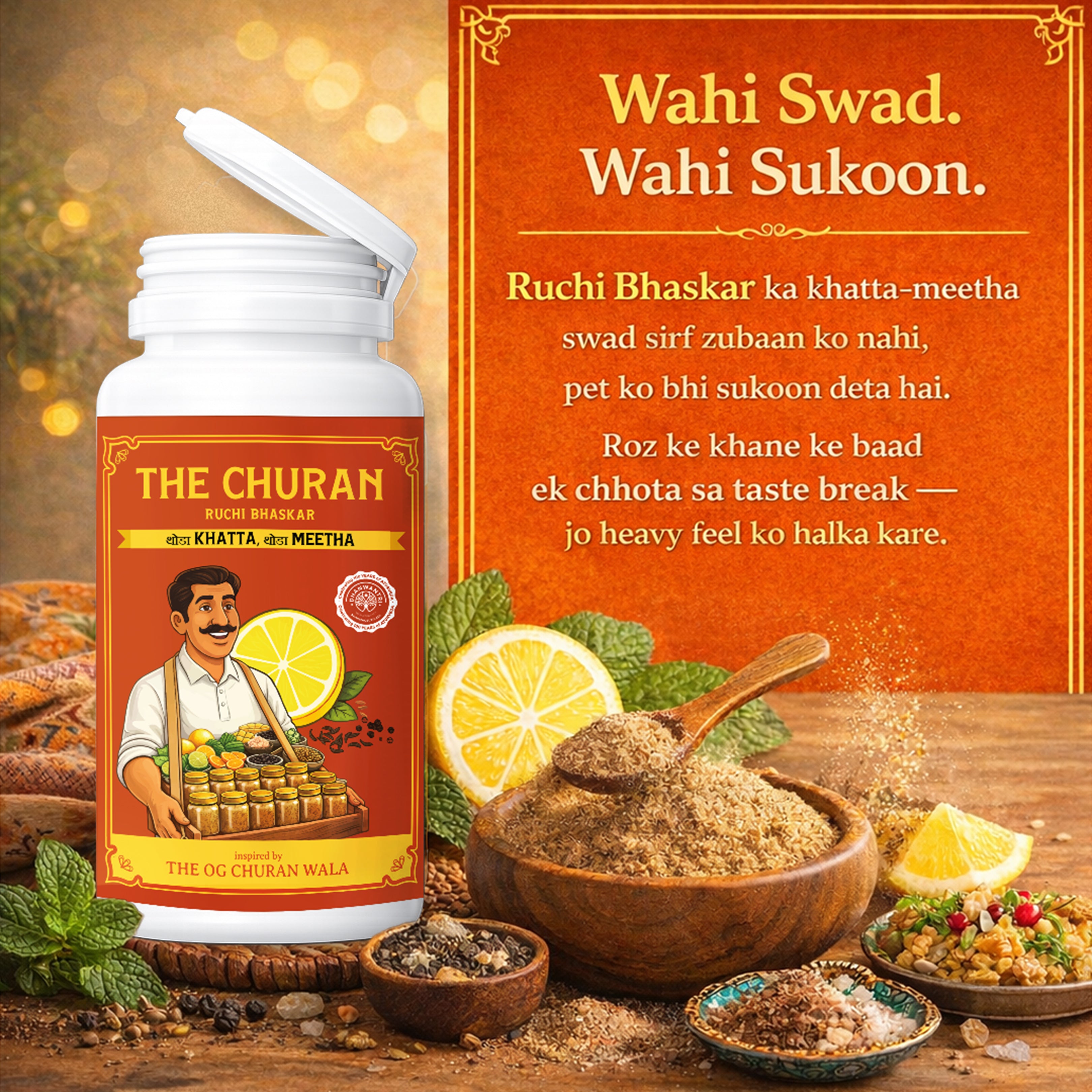 The Churan bottle with ingredients and text on a wooden surface