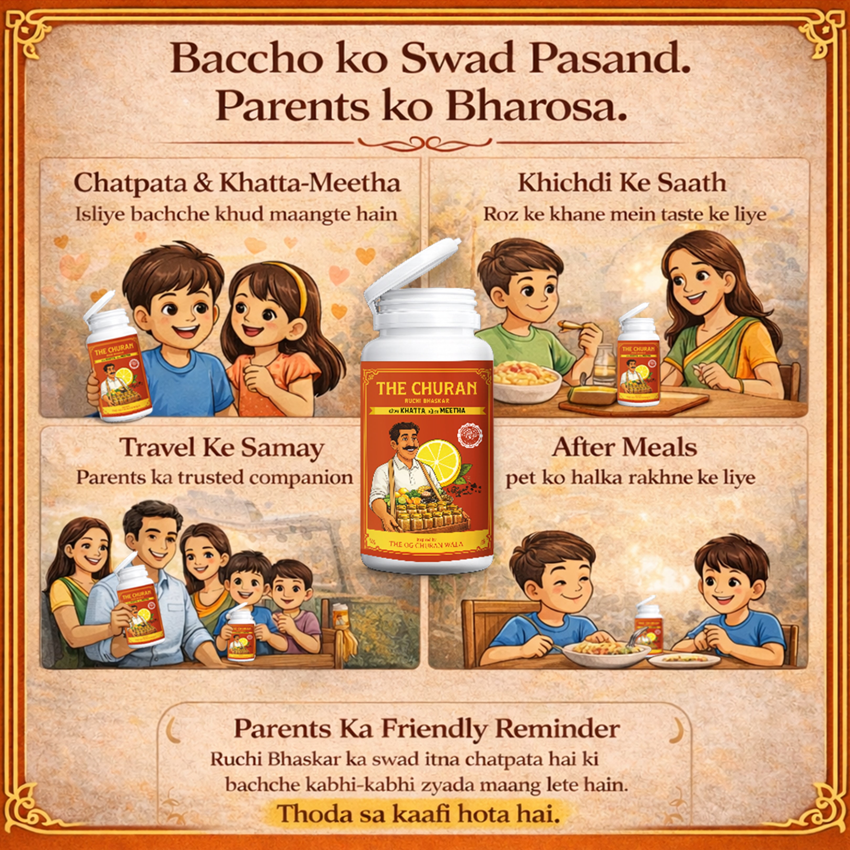 illustrations of children and parents using the The churan Ruchi Bhaskar and how it can be used by them 