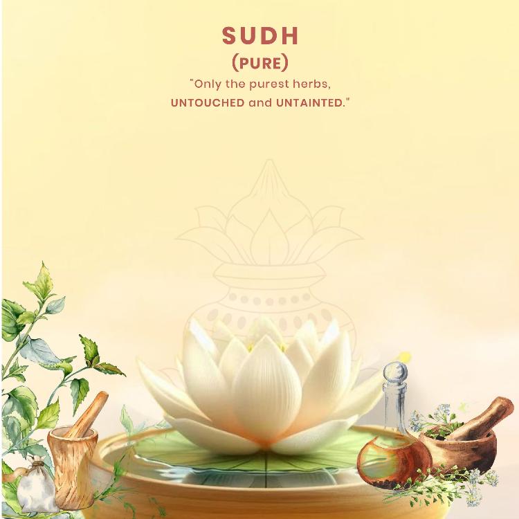 Decorative image with a white lotus, herbs, and a glass container on a light yellow background with text 'SUDH (PURE)'.