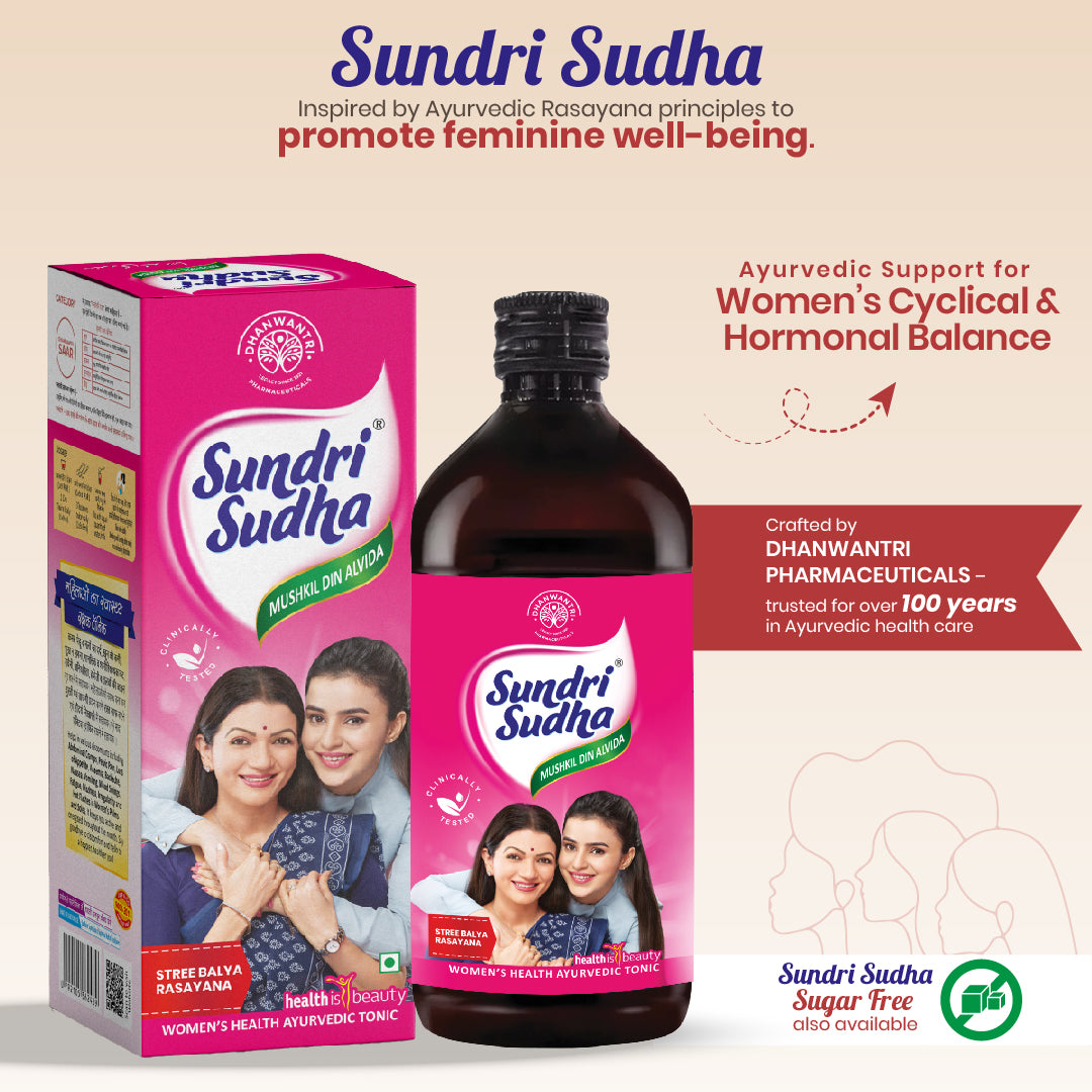 Sundri Sudha product packaging with bottle and box on a beige background and short description