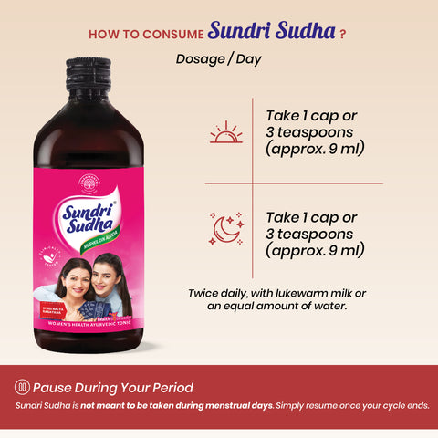 Sundri Sudha bottle with consumption instructions on a beige background and how to use sundri sudha