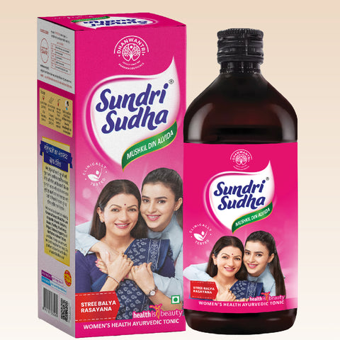 Sundri Sudha product packaging including a box and a bottle on a beige background