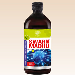 Bottle of Swarn Madhu with a colorful label on a beige background