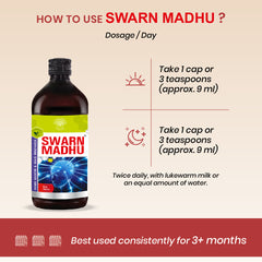 Swarn Madhu bottle with usage instructions on a beige background