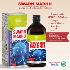 Swarn Madhu Ayurvedic product packaging and bottle on a beige background and swarn madhu short description
